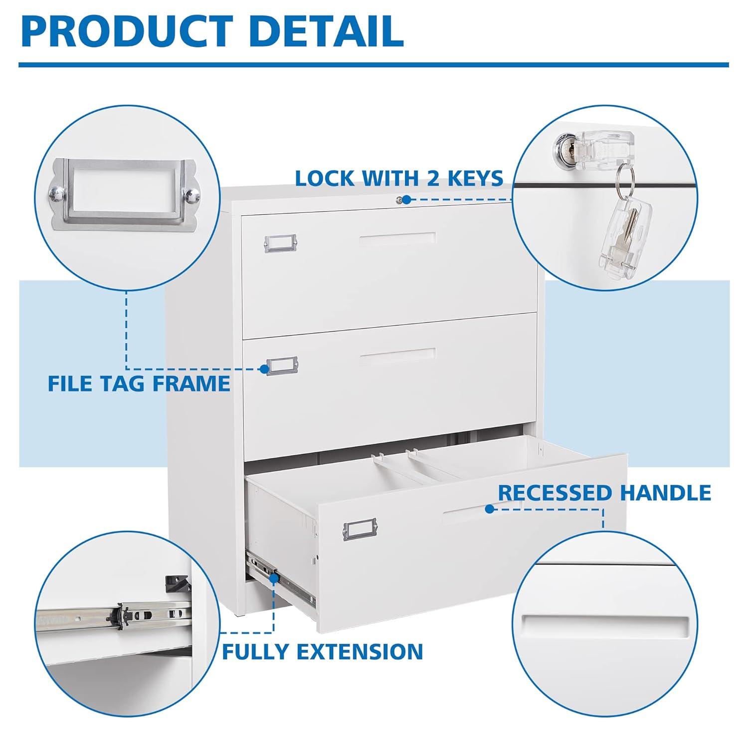 Lateral File Cabinet 3 Drawer,Metal Storage File Cabinet with Lock,Steel Lateral File Cabinet for Legal/Letter A4 Size,Wide File Cabinet for Office Home,Assembly Required