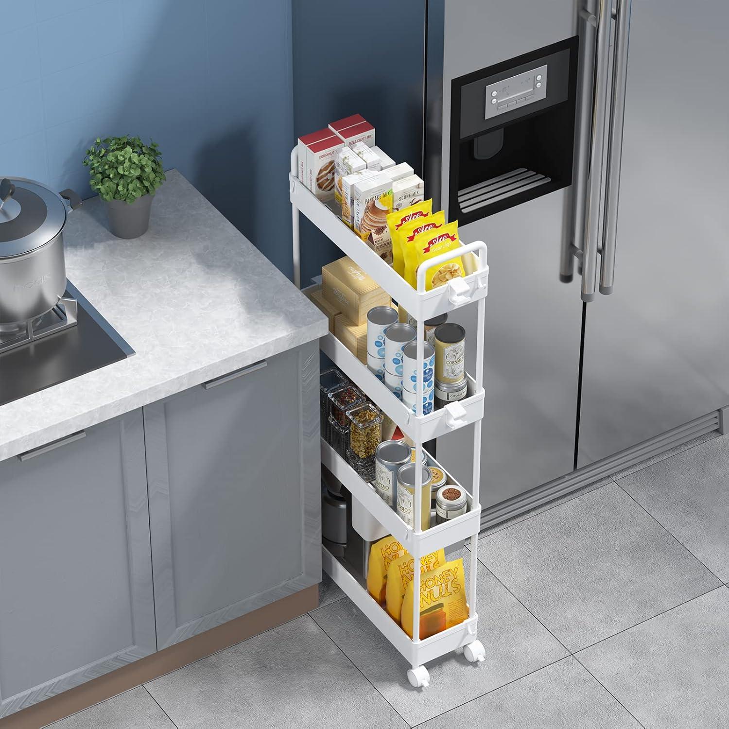 Slim White Plastic 4-Tier Mobile Storage Cart with Adjustable Shelves