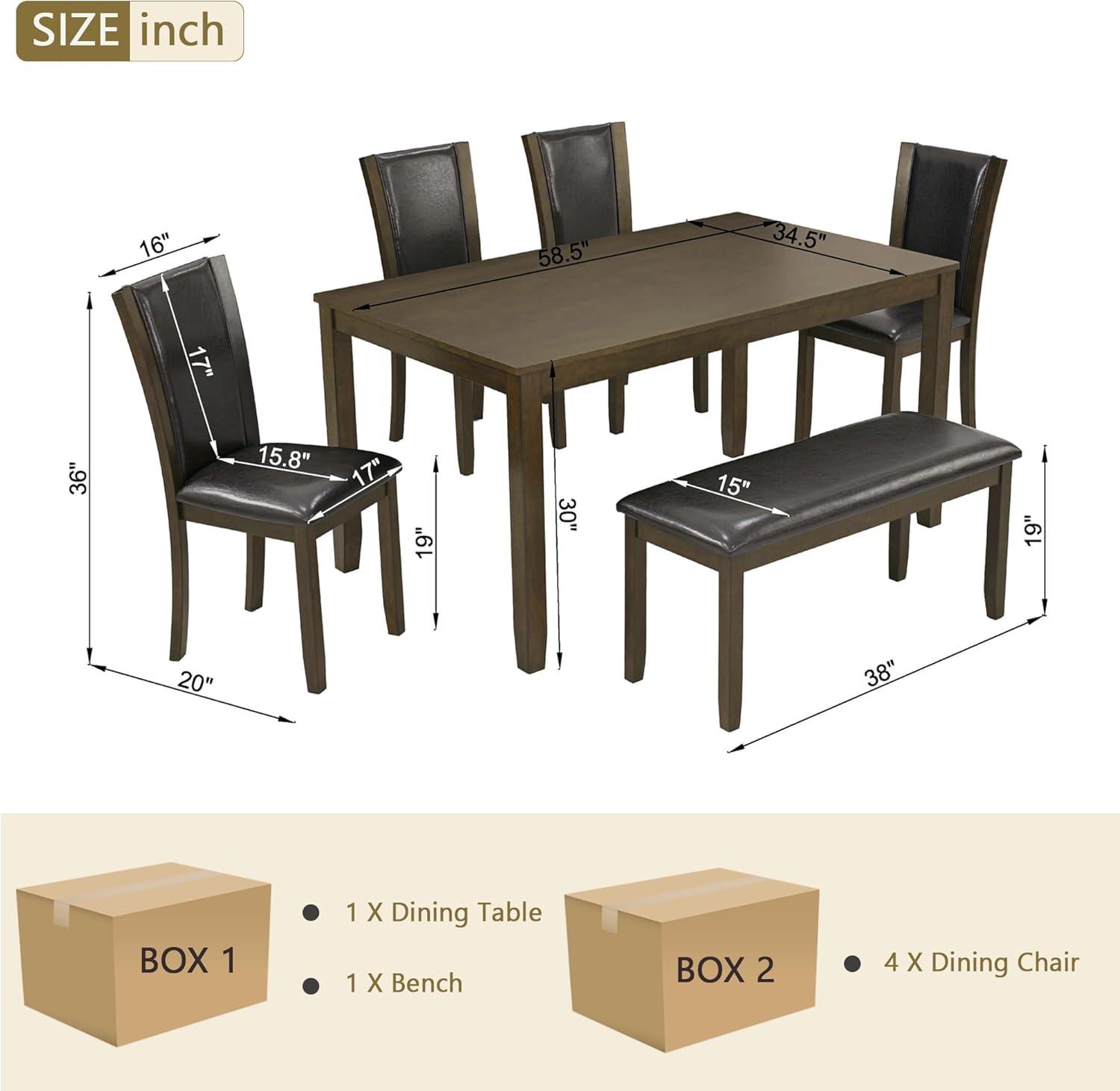 6-Piece Dining Table Set with Bench and Chairs - Solid Wood Kitchen Dining Room Table Set in Farmhouse Rustic Style, Table Set for 6 with 4 Chairs and Bench Seat. (Dark Walnut)