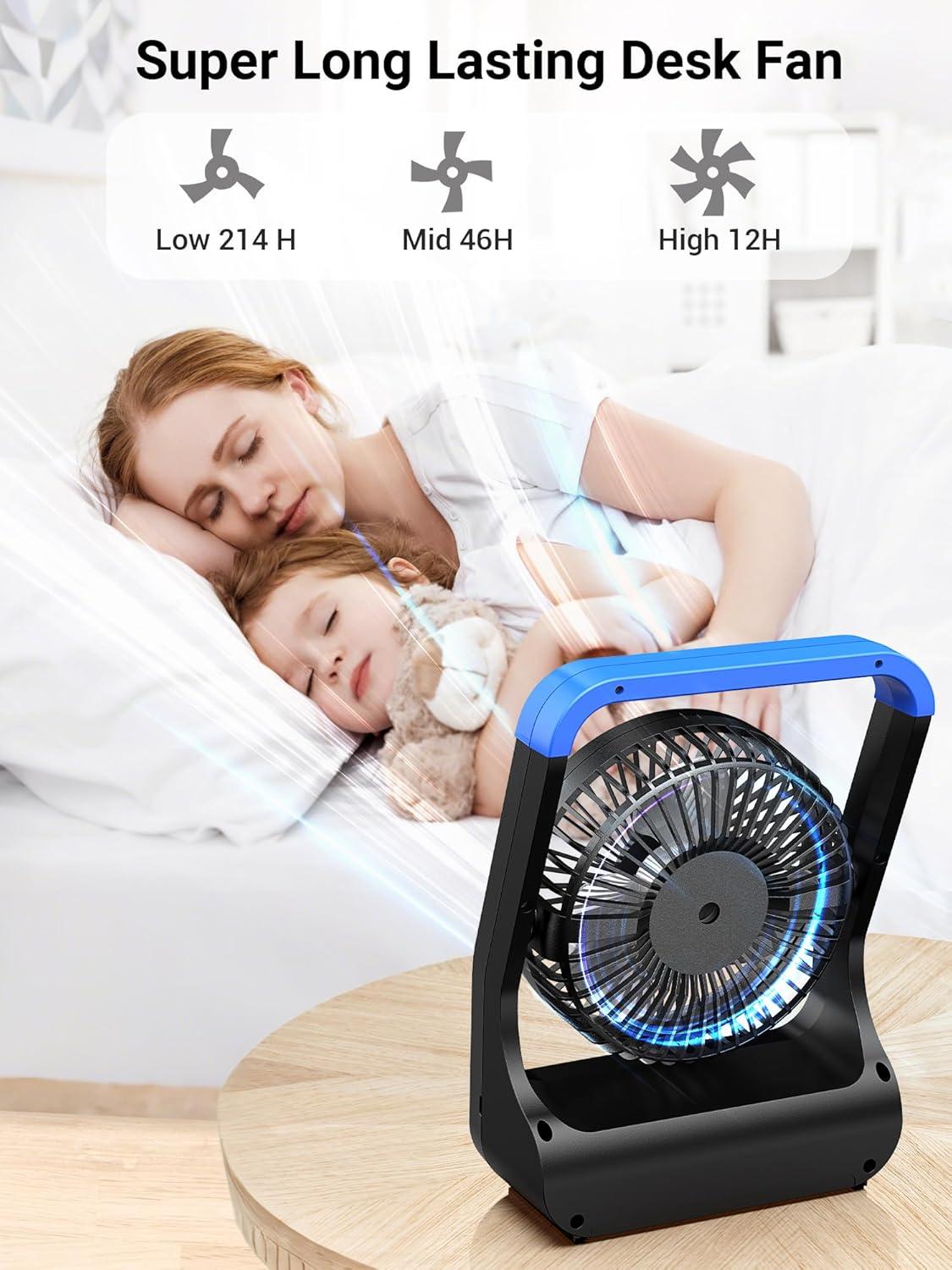 Gazeled Battery Operated Fan,Camping Fan, Super Long Lasting, Portable D-Cell Battery Powered Desk Fan with Timer,3 Speeds, Quiet, 180° Rotation,Cooling Fan for Bedroom,Home,Office,Outdoor, 5'',Blue