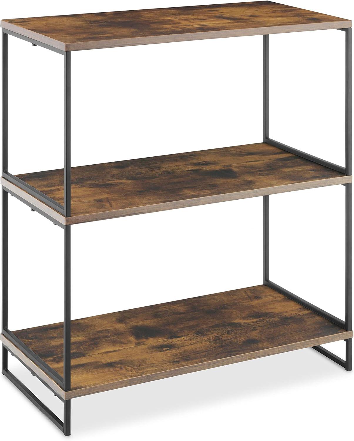 Whitmor Modern Industrial 3-Tier Shelf - Black with Woodgrain Laminate Shelves