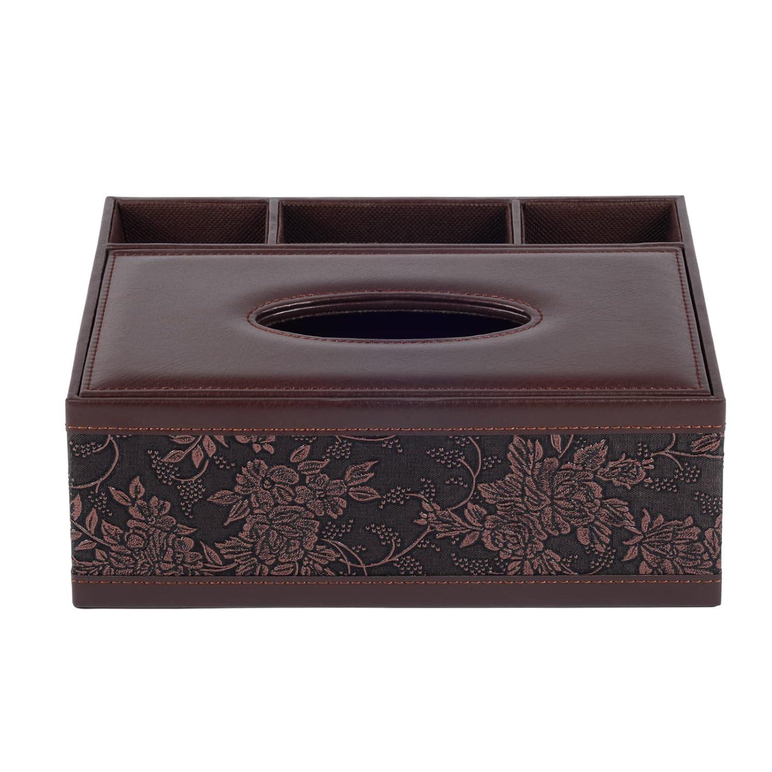 Multifunction PU Leather Tissue Box Holder/Cover Rectangular Upgrade Large Size Stationery Napkin Remote Control Storage Box,Facial Tissue Dispenser Organizer Caddy Home Office Supplies (Retro)