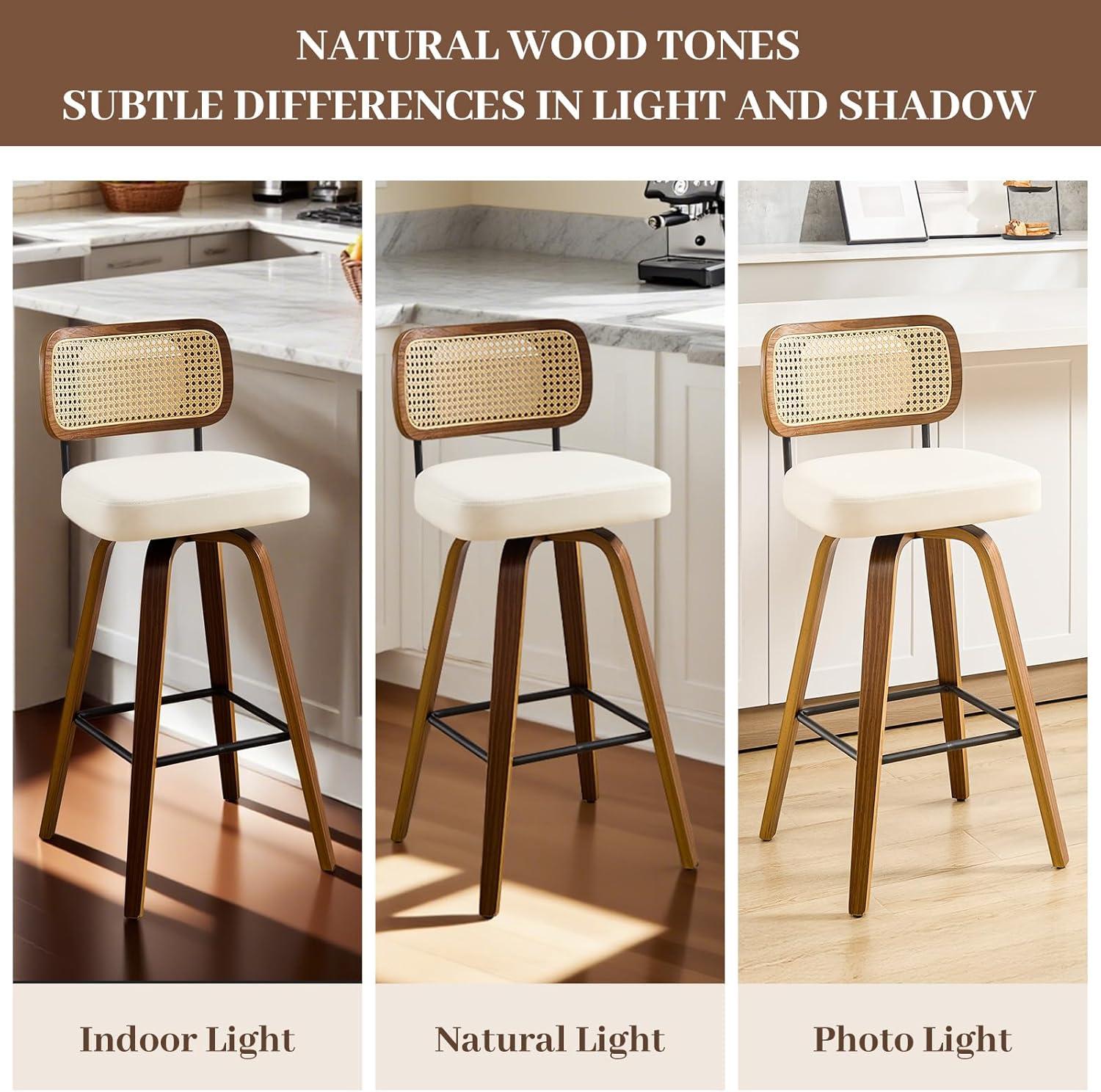 INKEDZ Swivel Counter Height Bar Stools Set of 3, Upholstered Faux Leather Barstools with Rattan Back, 26" Seat Height Bar Chairs for Kitchen Island, Bentwood Wood Frame, Cream White