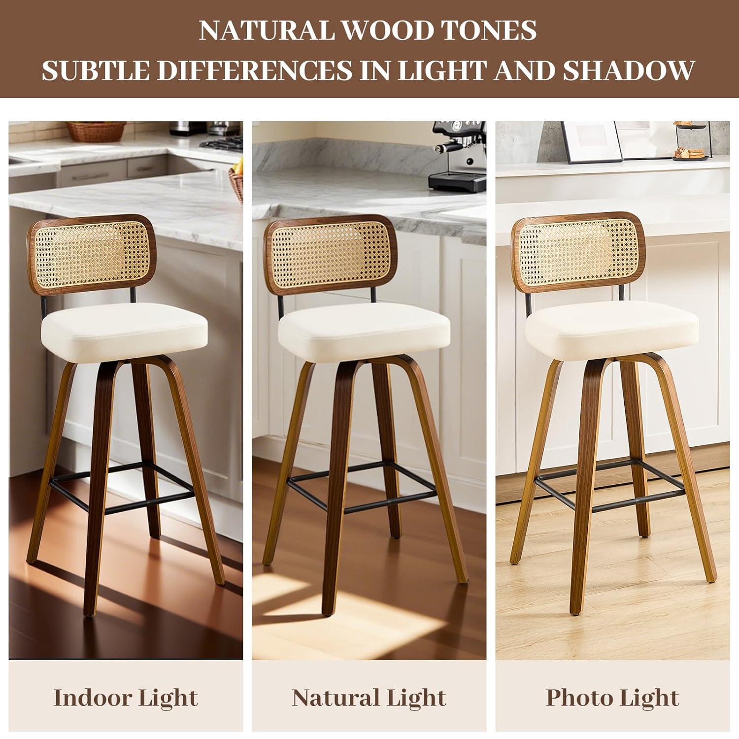 INKEDZ Swivel Counter Height Bar Stools Set of 3, Upholstered Faux Leather Barstools with Rattan Back, 26" Seat Height Bar Chairs for Kitchen Island, Bentwood Wood Frame, Cream White