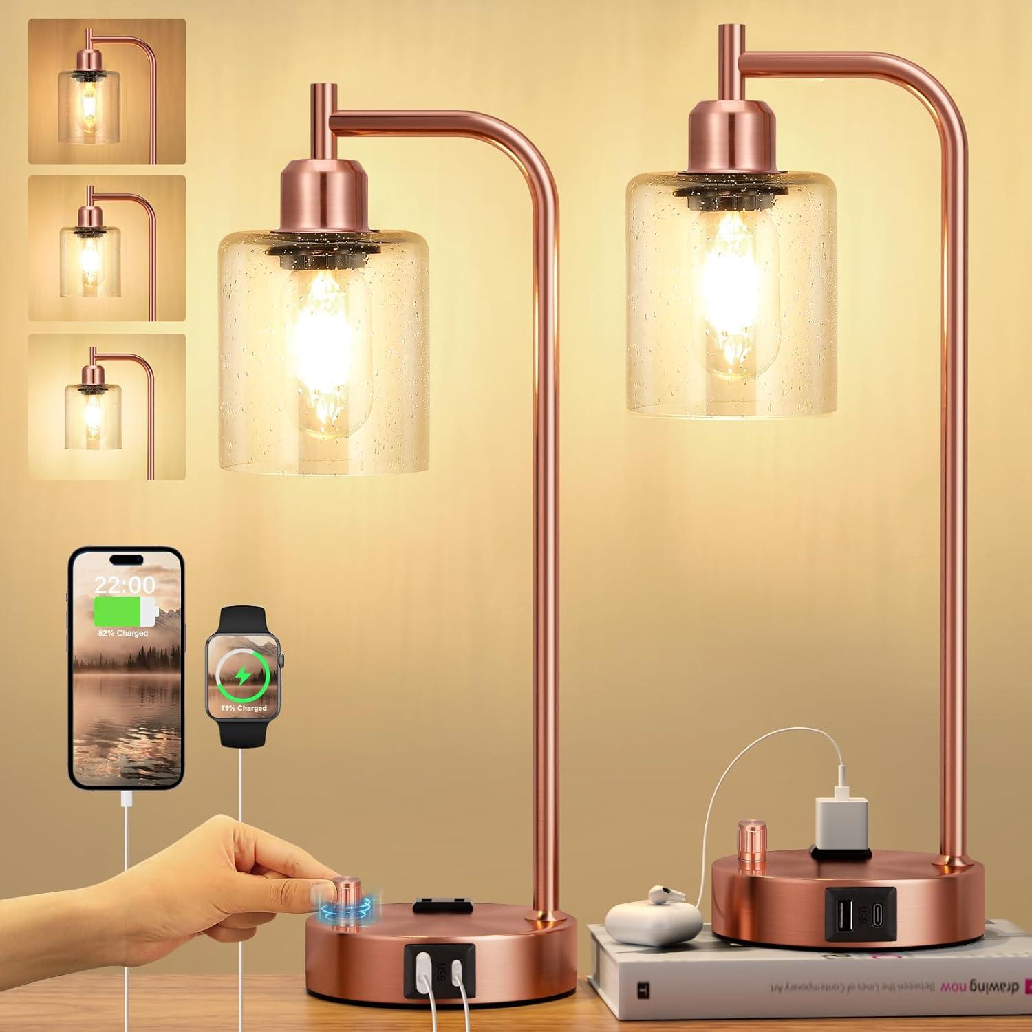 Latitude Run® Industrial Touch Table Lamps for Bedrooms Set of 2 - 3-Way Dimmable Nightstand Lamps with USB C+A Ports and Outlet, Bedside Lamps with Glass Shade for Living Room, Desk Lamps for Home Office
