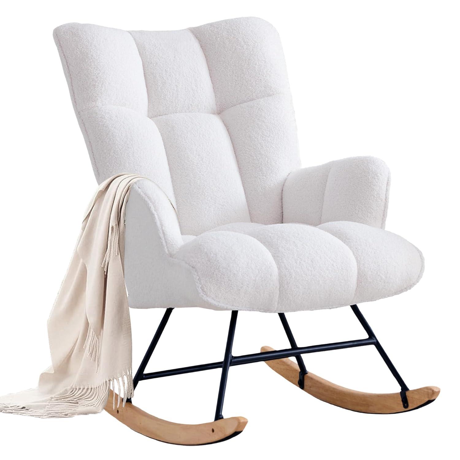 Nursery Rocking Chair Teddy, Upholstered Glider Rocker with High Backrest, Comfortable Stylish Accent Armchair with Padded Seat for Living Rooms, Bedrooms, Offices