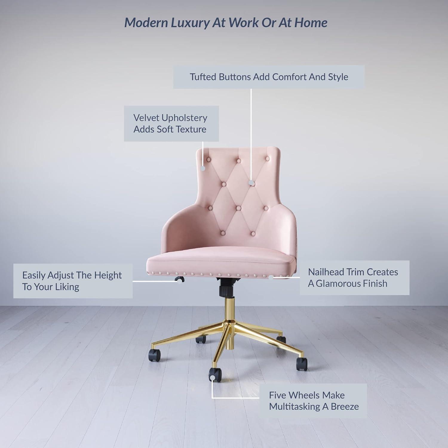 BELLEZE Belden Swivel Computer Desk Chair, Button-Tufted Upholstered Fabric with Nailhead Trim, Mid-Back Accent Armchair Adjustable Height, Pink & Gold