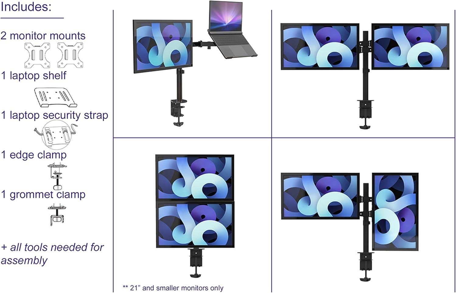 Stand Up Desk Store Convertible Clamp-On Laptop and Monitor Stand / Dual Monitor Mount (Black, 13" to 32" Monitor, up to a 17" Laptop)