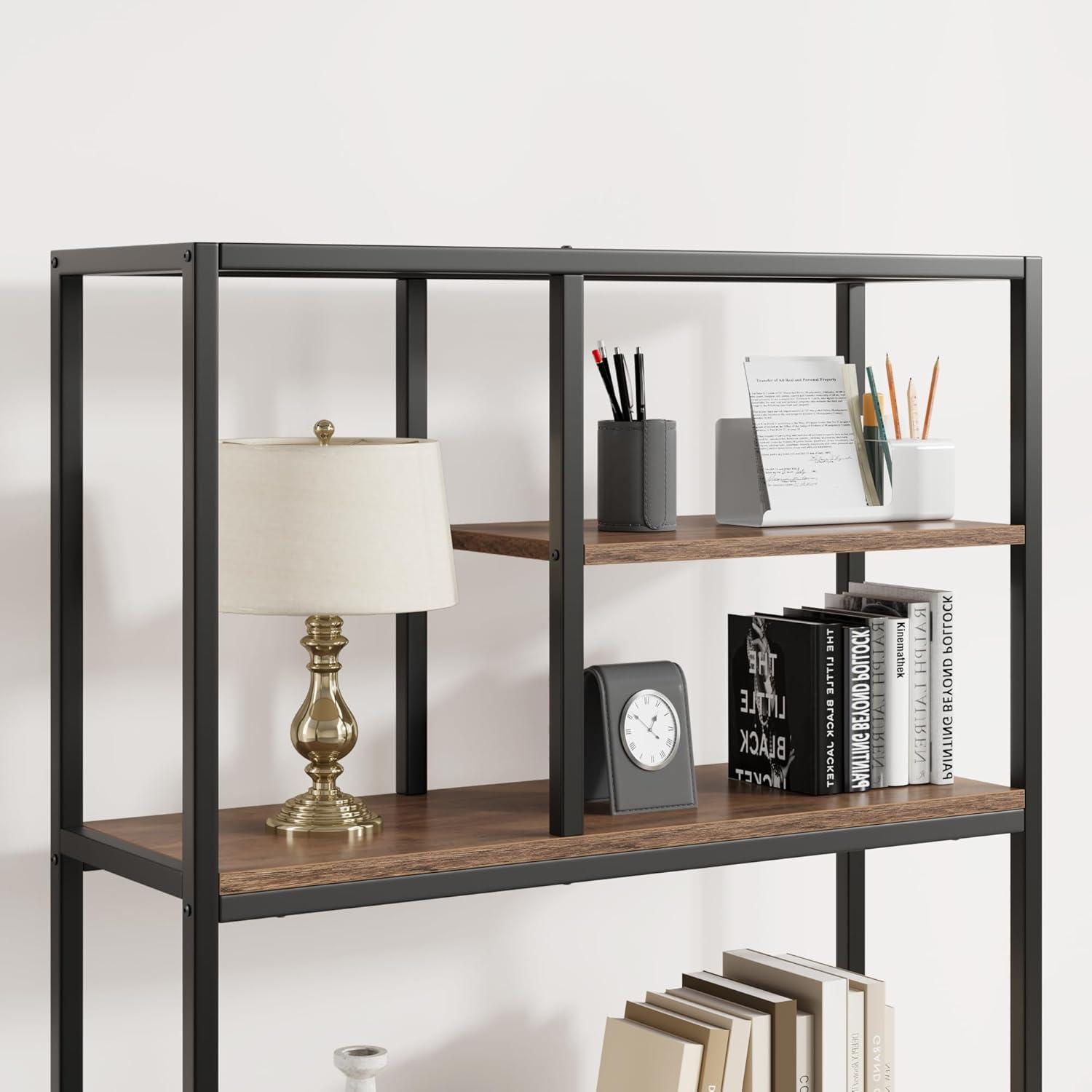 Book Shelf, Tall Bookcase with Storage, 6-Tier Industrial Bookshelf with 2 Wooden Drawers for Home Office and Living Room, Brown