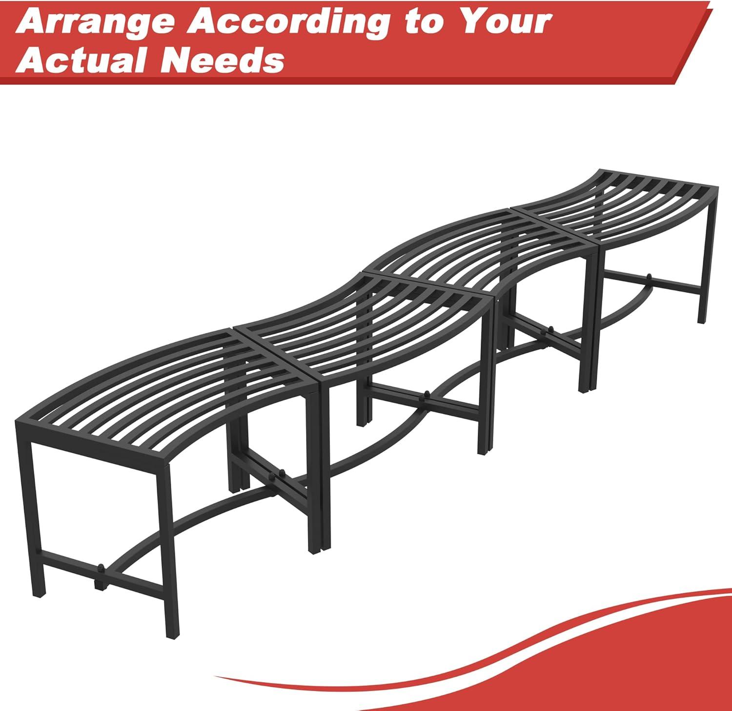 Metal Curved Fire Pit Bench Set of 4, Coated Black Metal Outdoor Stool Bench, Outdoor Fire Pit Seating, Steel Backless