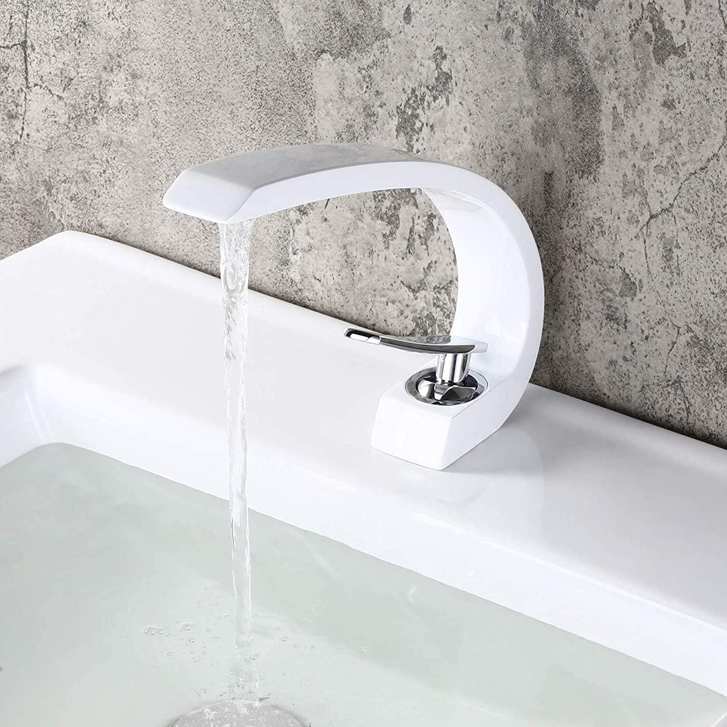 Glossy White and Chrome Curved Bathroom Faucet with Single Lever