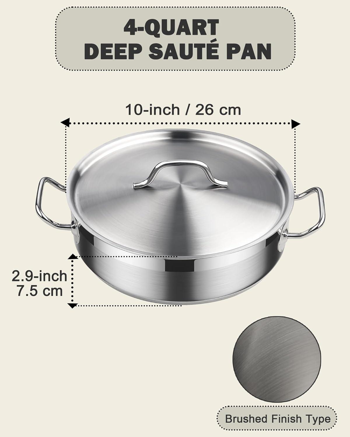 4-Quart Silver Stainless Steel Deep Sauté Pan with Lid