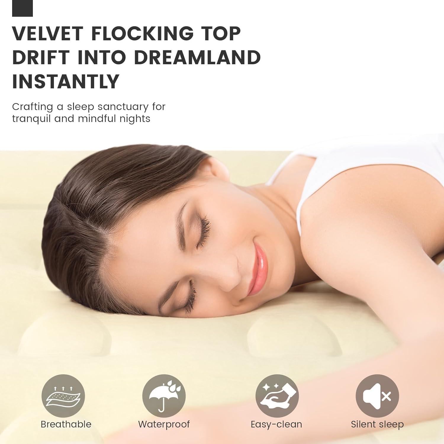 Luxury Air Mattress Queen with Built in Pump, 18'' High Double Blow Up Mattress, Self Inflating Air Bed with Flocked Top and Carry Bag, Durable Portable Airbed for Home Guest and Camping, Blue