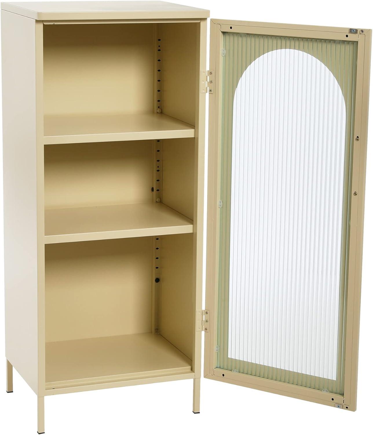 Storied Home Solstice Narrow Metal Accent Cabinet: Arched Glass, Off-White Display Storage