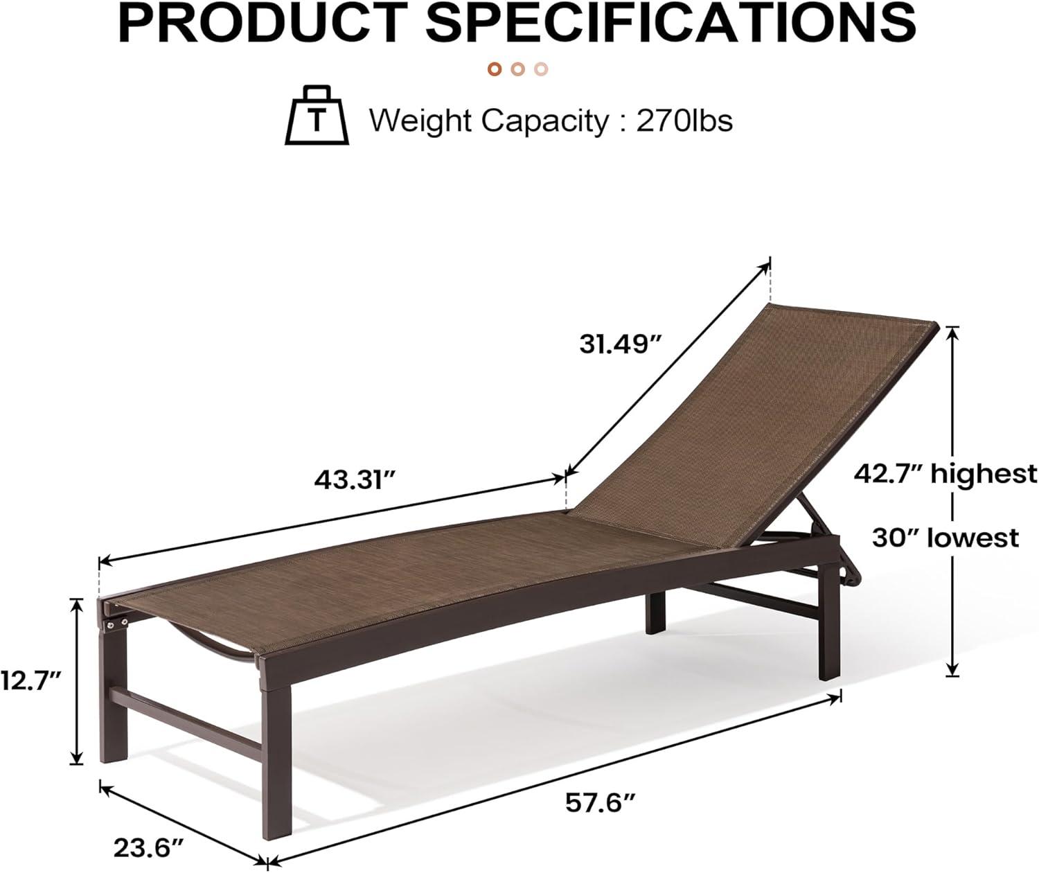 3pc Outdoor Five Position Adjustable Curved Aluminum Lounge Set Brown - Crestlive Products: Weather-Resistant Patio Furniture Set with Side Table