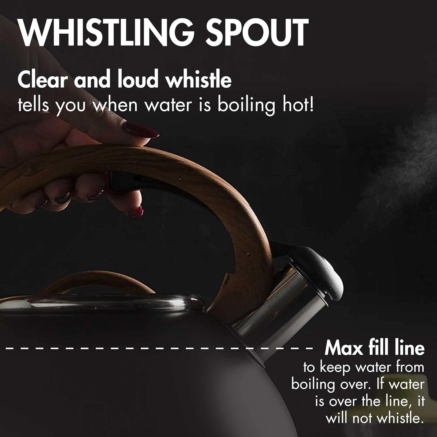 Matte Black and Wood Stainless Steel Whistling Tea Kettle