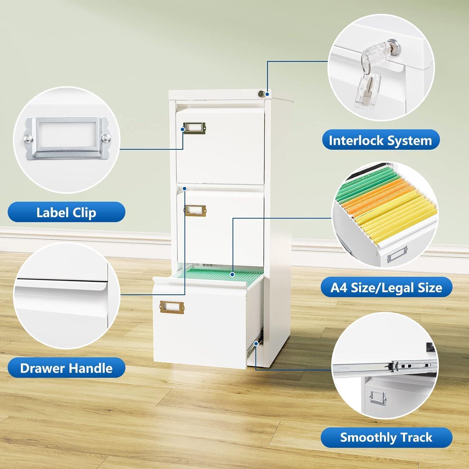 3 Drawers Vertical File Cabinets - 17.8" Deep Lockable Filing Cabinet - White Metal Storage Cabinets for Home Office to Hanging Files Letter/Legal/F4/A4 Size