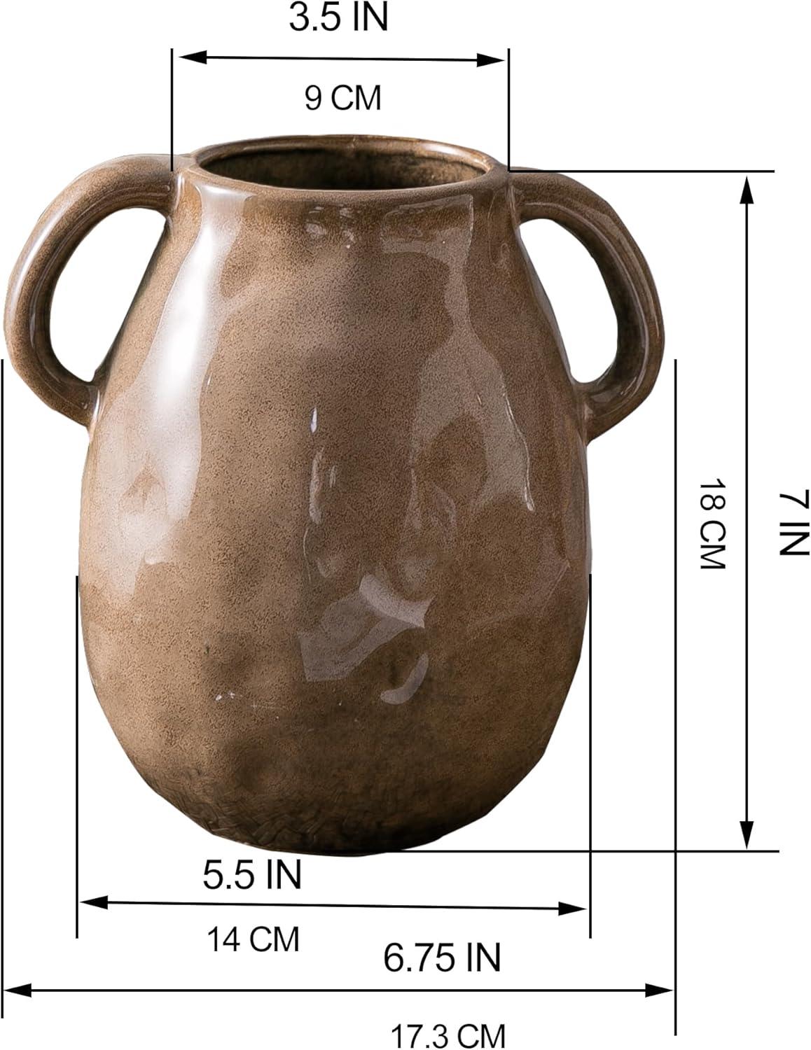 Kimdio Brown Ceramic Vase with 2 Handles, Modern Farmhouse Vase for Home Decor, Vintage Rustic Pottery Vase, Decorative Terracotta Vase, Clay Jug for Living Room Dining Table Shelf