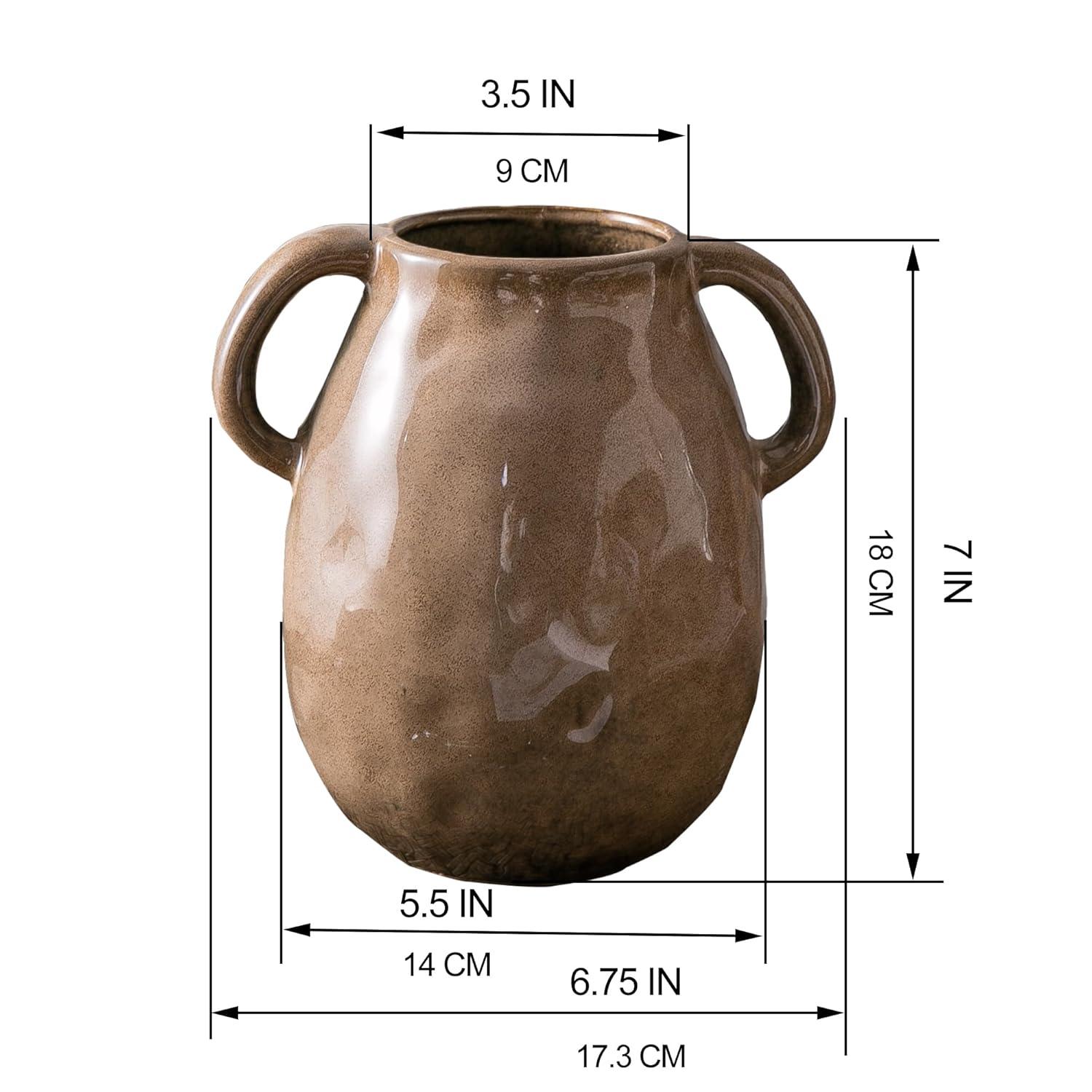 Kimdio Brown Ceramic Vase with 2 Handles, Modern Farmhouse Vase for Home Decor, Vintage Rustic Pottery Vase, Decorative Terracotta Vase, Clay Jug for Living Room Dining Table Shelf