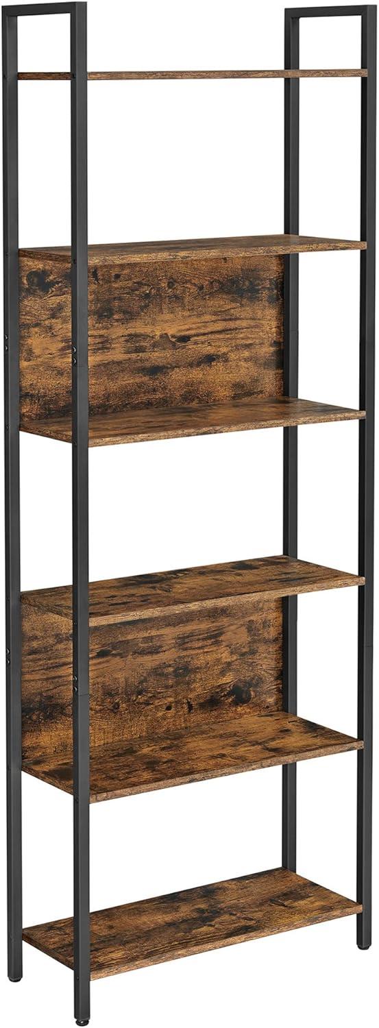 Industrial Black and Rustic Brown 6-Tier Bookshelf