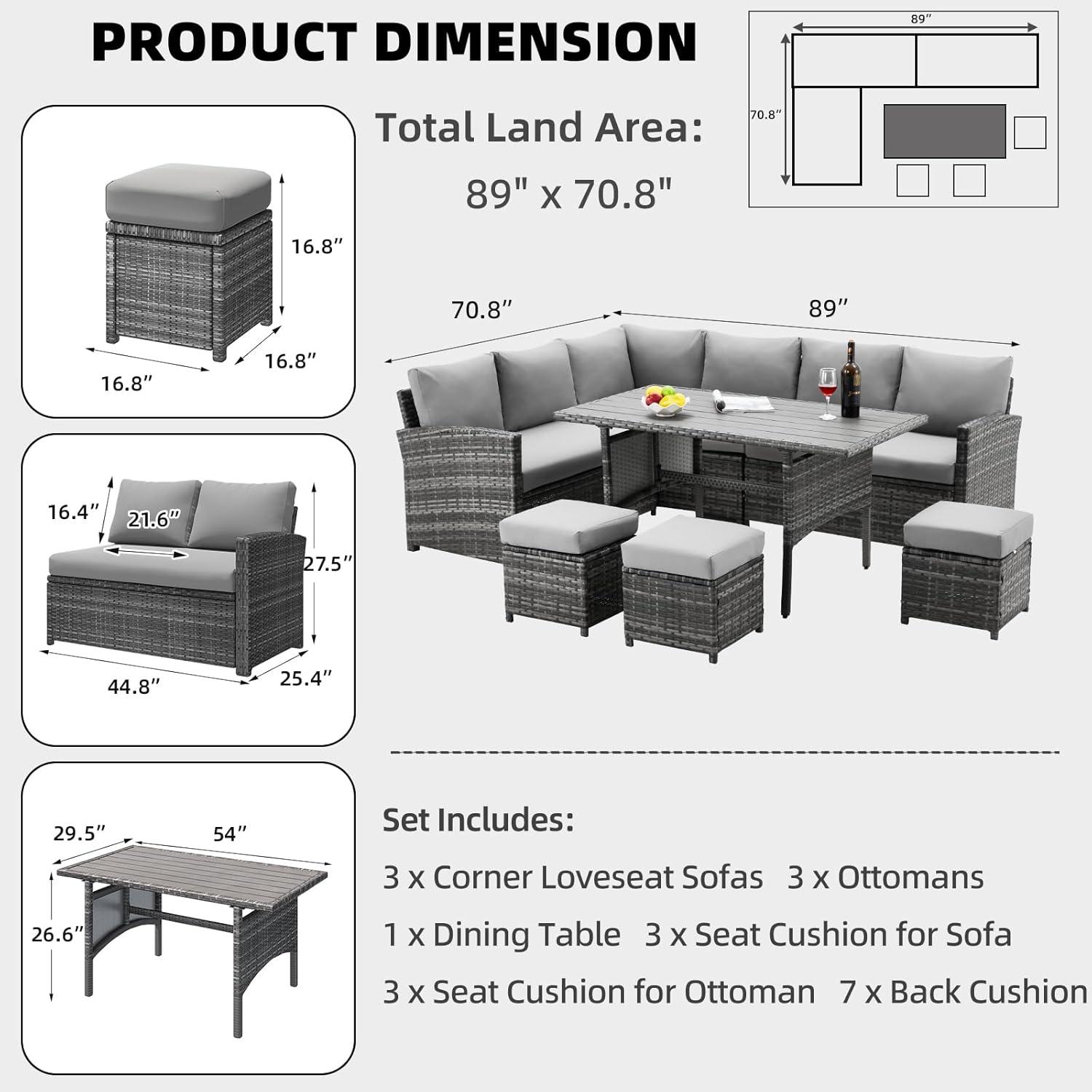 AECOJOY Patio Furniture Set, 7 Pieces Outdoor Patio Furniture with Dining Table&Chair, All Weather Wicker Conversation Set with Ottoman, Grey Rattan&Grey Cushion