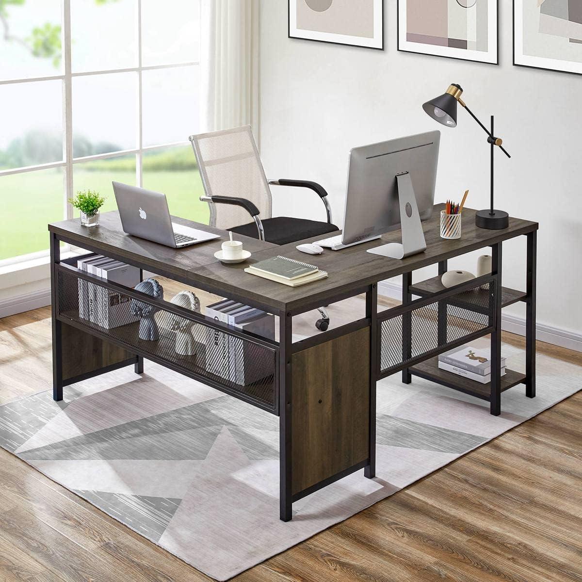 FATORRI L Shaped Computer Desk, Industrial Home Office Desk with Shelves, Reversible Wood and Metal Corner Desk (Walnut Brown, 59 Inch)
