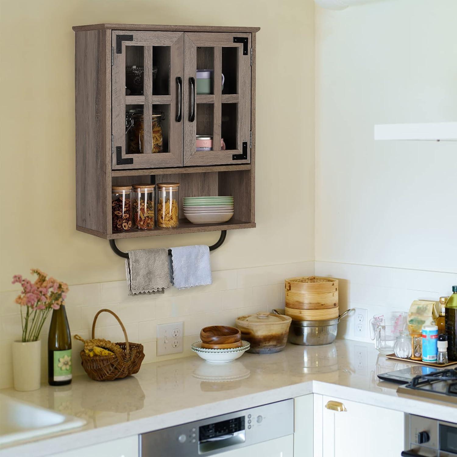 Wood Wall Storage Cabinet With Cross Glass Doors, Farmhouse Wall Mounted, 3 Tier Rustic Cabinet With Adjustable Shelves And Towel Bar For Bathroom, Living Room, Vintage White