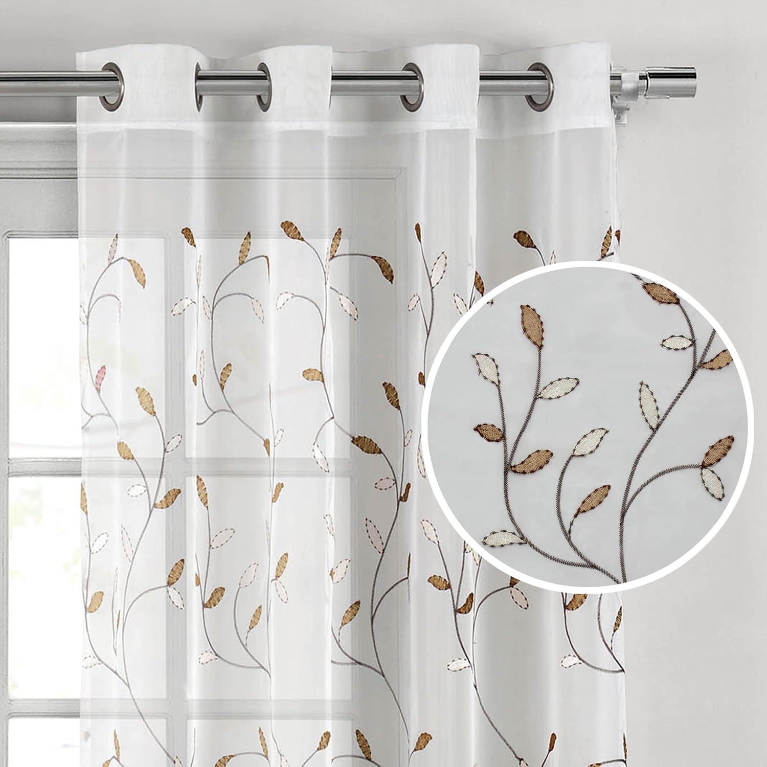 Grommet Curtain Panel, Embroidered Sheer Extra-Wide, Beige 54" x 84"