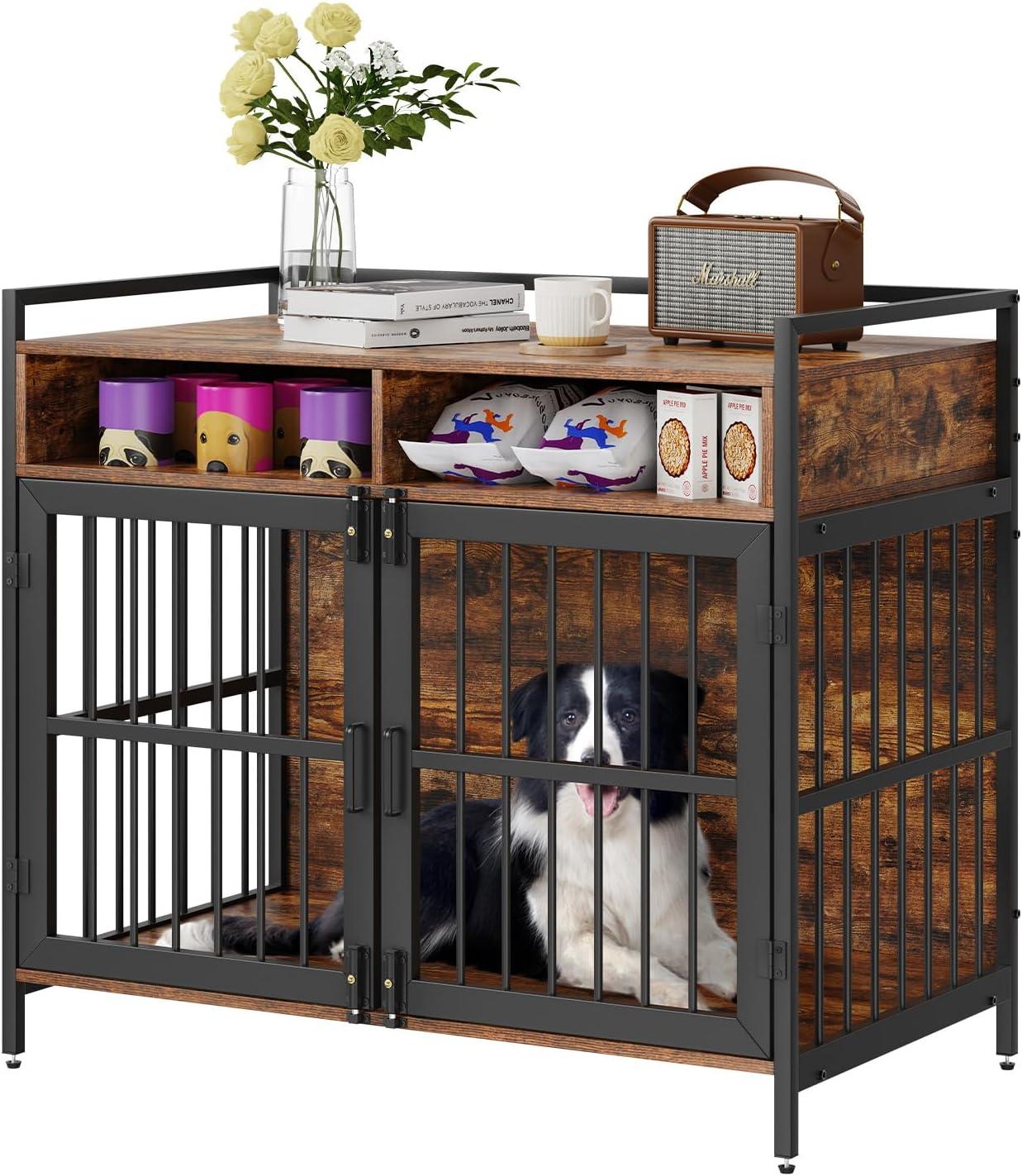 Large Rustic Brown Wooden Dog Crate with Storage