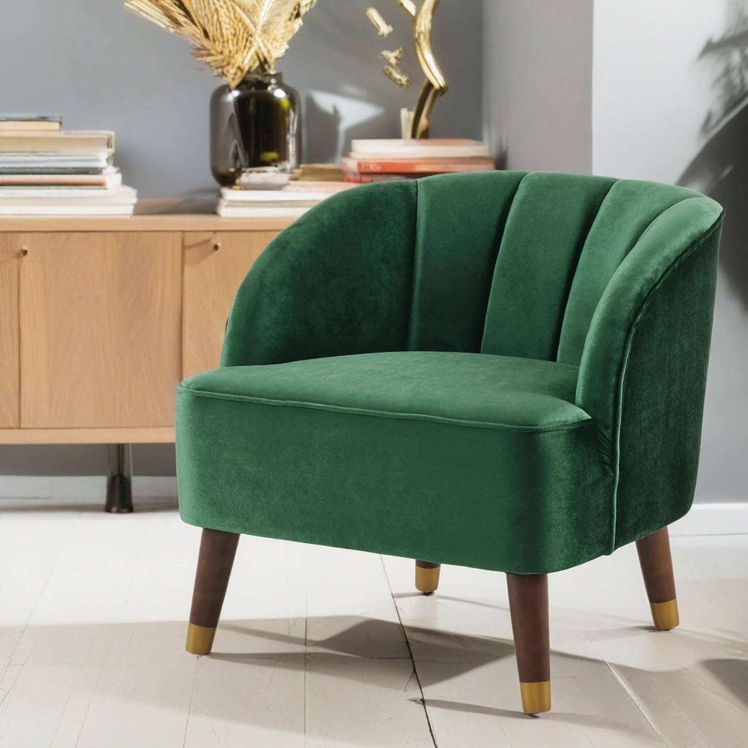 Emerald Green Velvet Barrel Accent Chair with Wood Legs