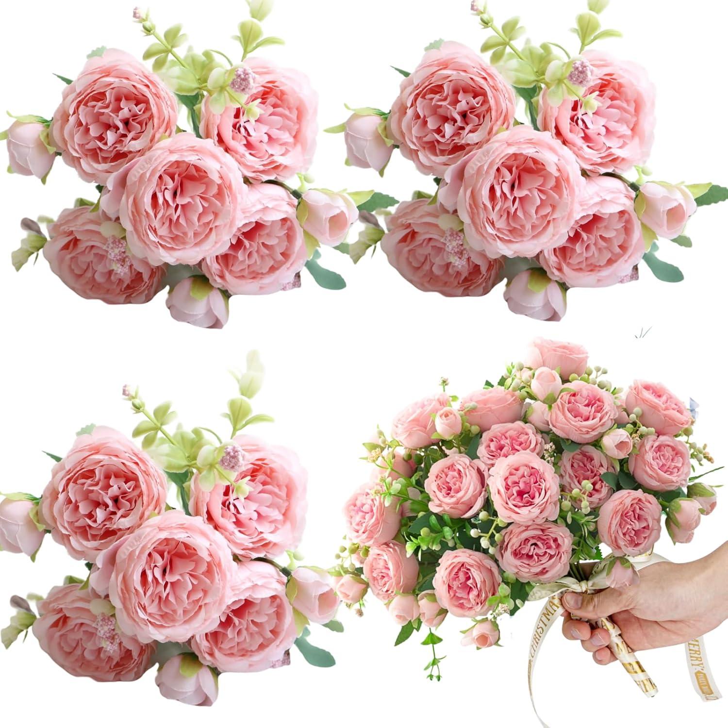ASTRYAS 3pcs Pink Artificial Flowers Fake Silk Peony for Decoration Faux Peonies for Spring Home Bridal Wedding Party Decor Baby Shower - Light Pink
