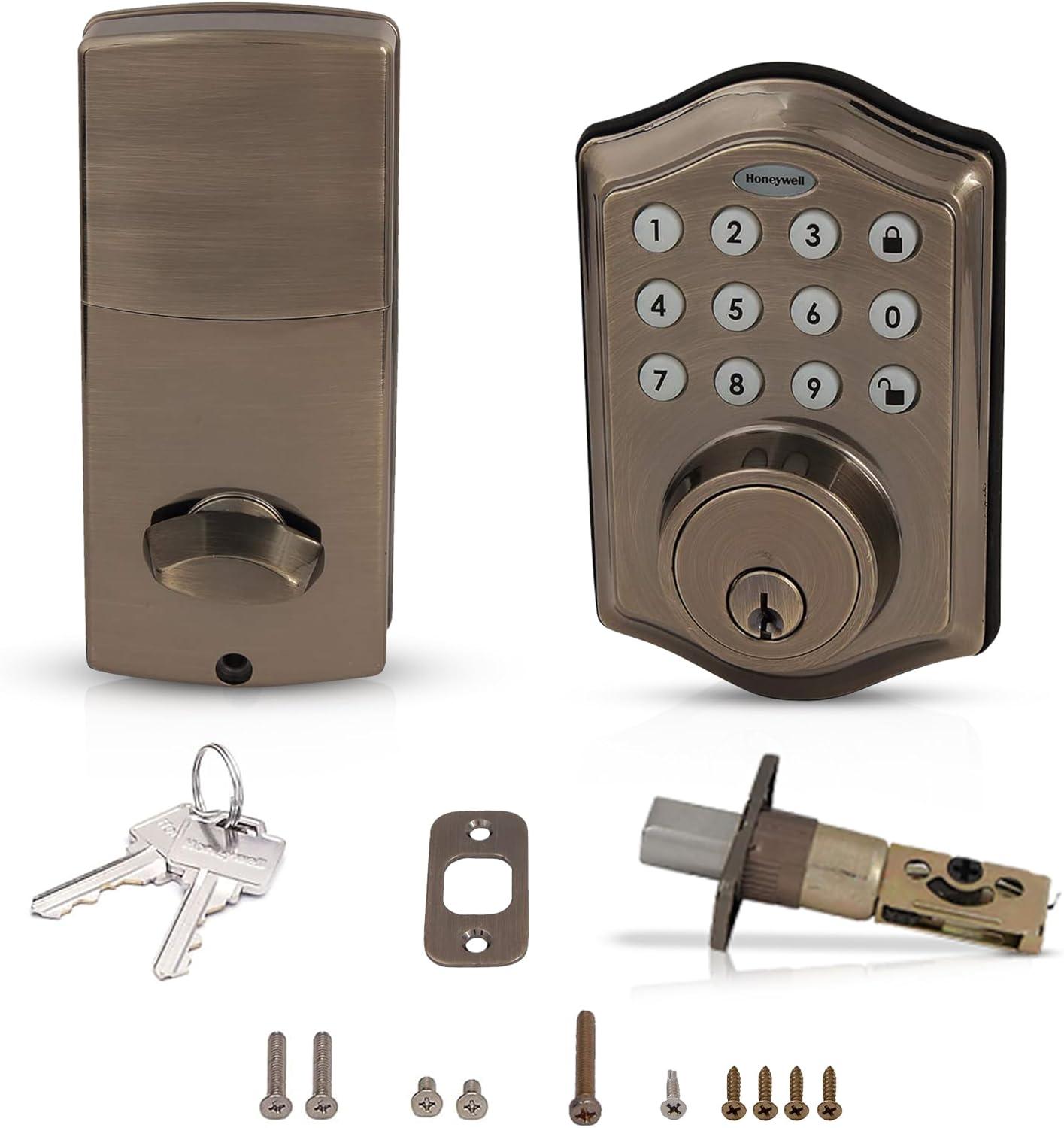 Honeywell Electronic Deadbolt- Antique Brass: Single Cylinder Door Lock, Battery Operated, Steel & Plastic, Light Brown