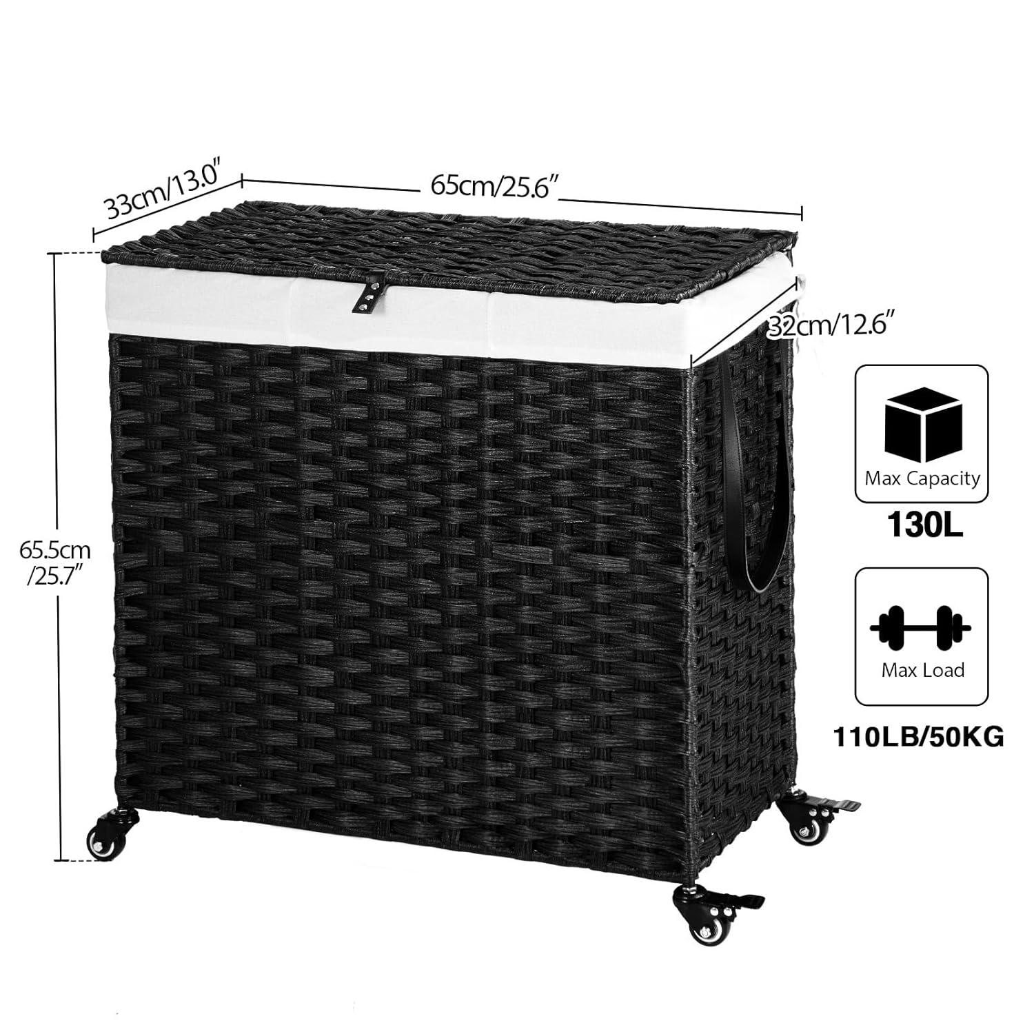Greenstell Laundry Hamper with Wheels&Lid, 130L Large 3 Sections Clothes Hamper with 2 Types Removable Liner Bags, 5 Mesh Laundry Bags, Handwoven Divided Laundry Basket Black
