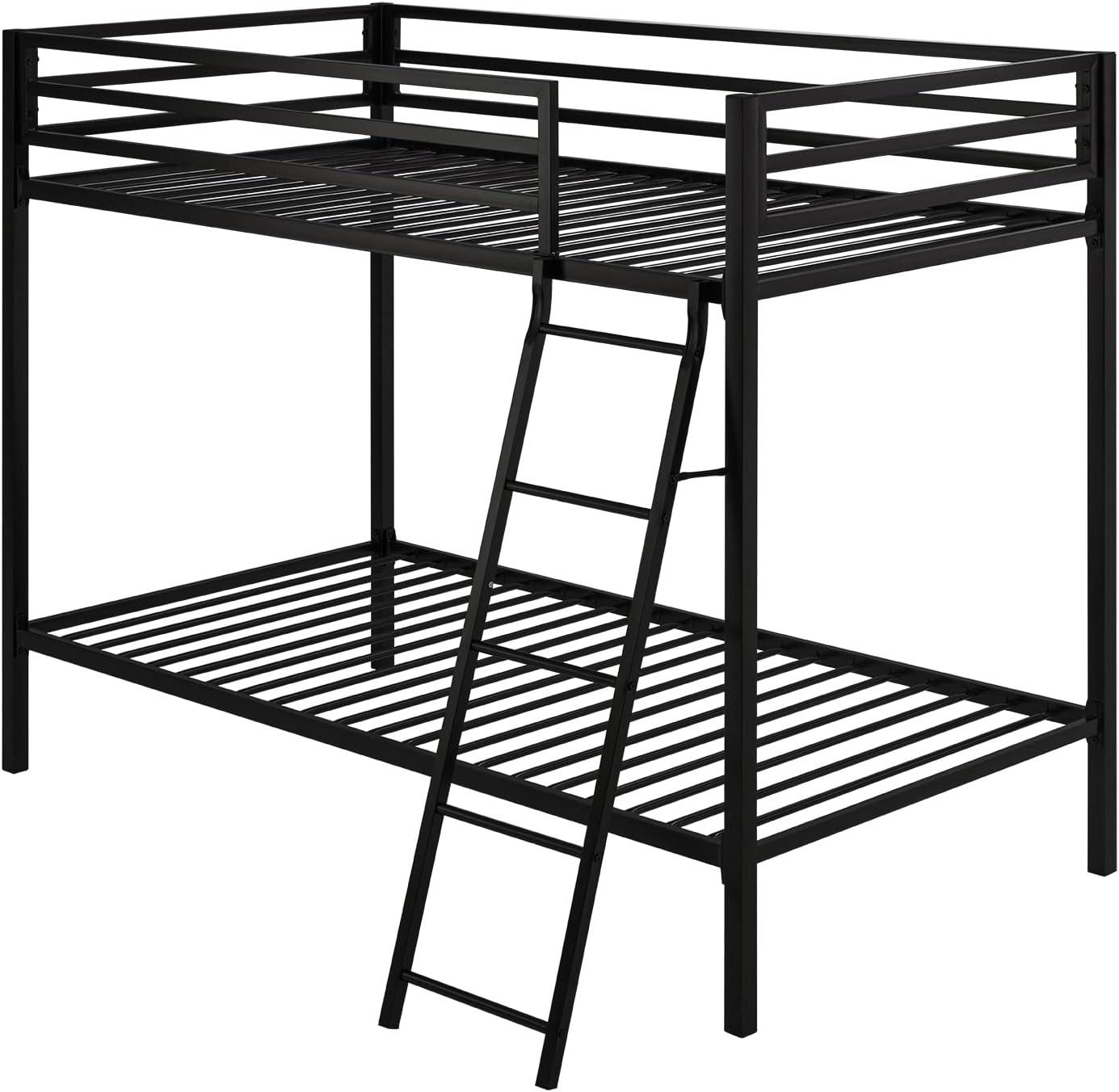 SHA CERLIN Black Twin Over Twin Metal Bunk Bed for Juniors, Industrial Frame with Inclined Stairs & Full-Length Guardrail