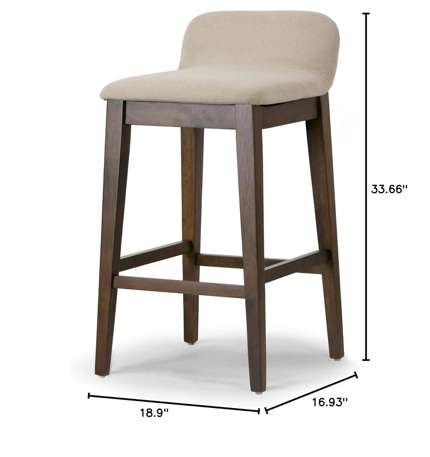 Set of 2 Atia Dark Brown Rubberwood Bar Heigh Barstool with Low Back Fabric Seat