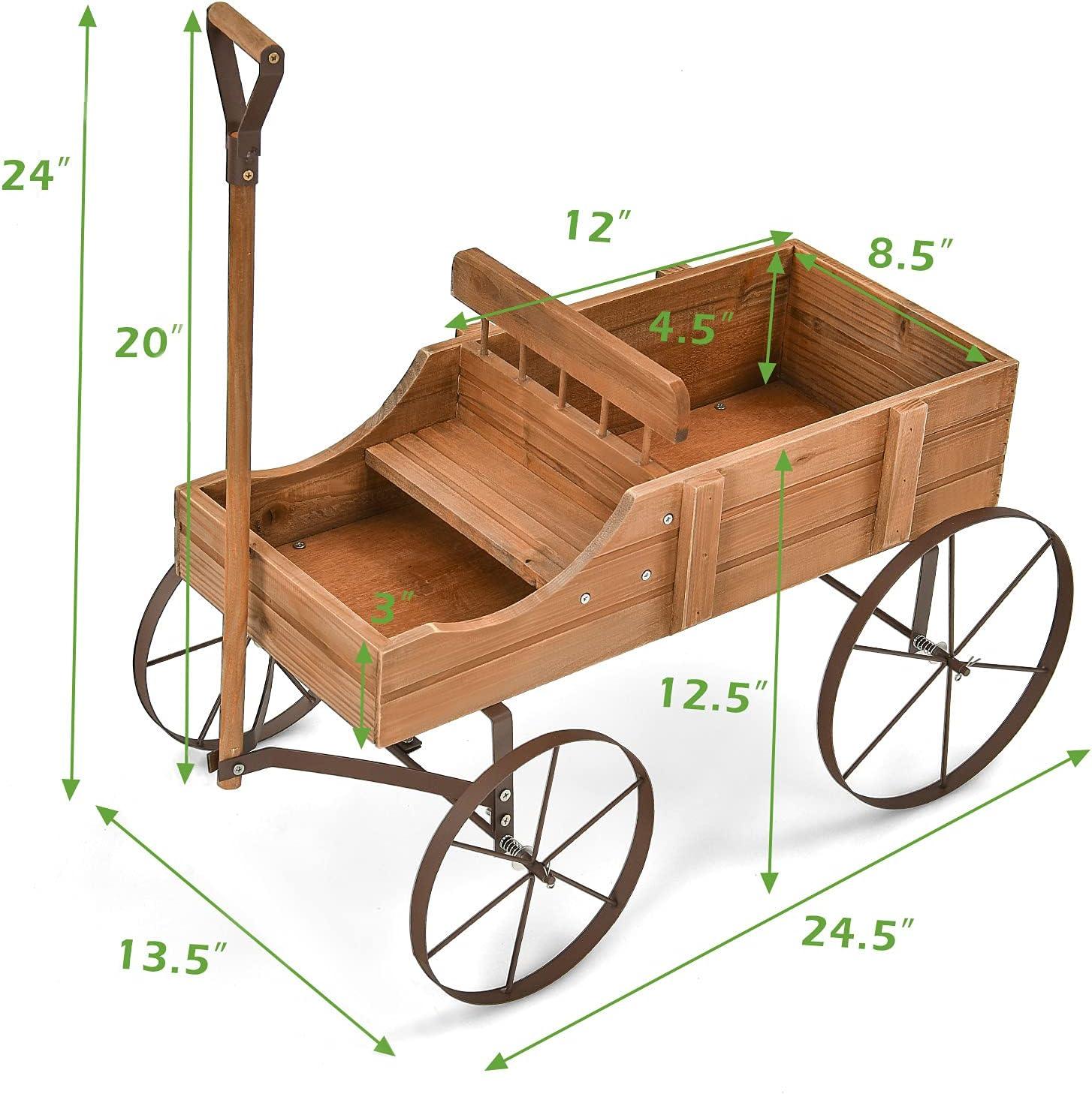 Rustic Fir Wood Wagon Planter with Metal Wheels