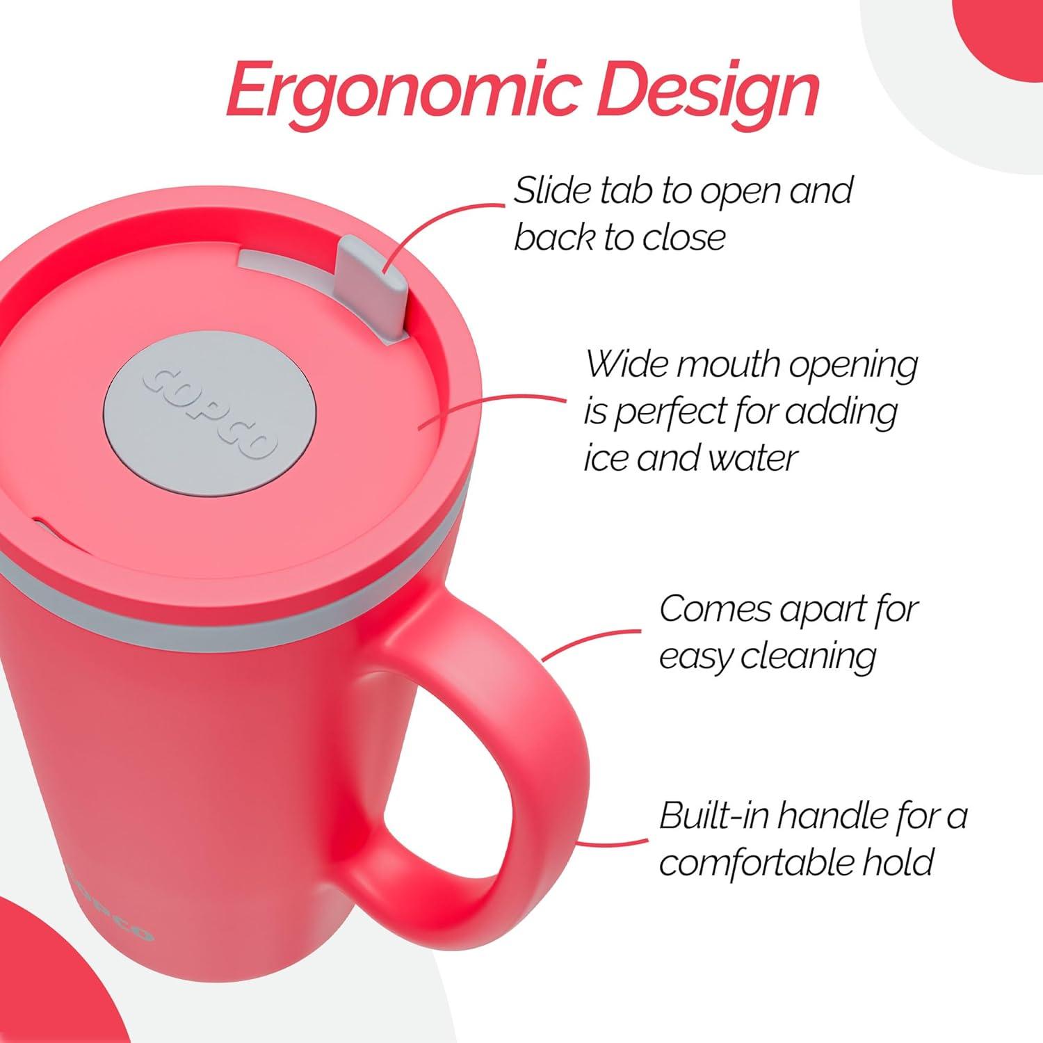 Copco Cone 16oz Insulated Travel Mug with Handle, Double Wall, Slide-Closure Lid, BPA-Free, Portable Coffee Cup (Coral Red)