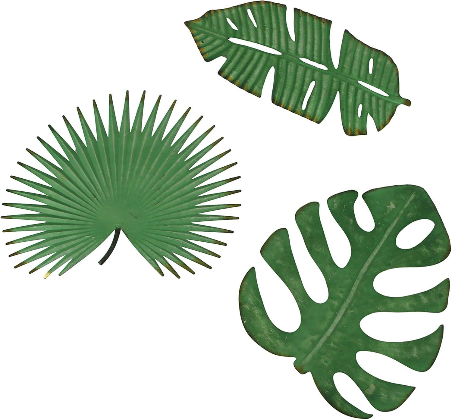 Zeckos Green Metal Tropical Leaf Sculpture Hanging Wall Décor Set of 3