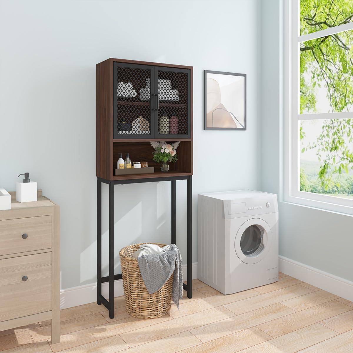 Black and Walnut Industrial Over-The-Toilet Storage Cabinet