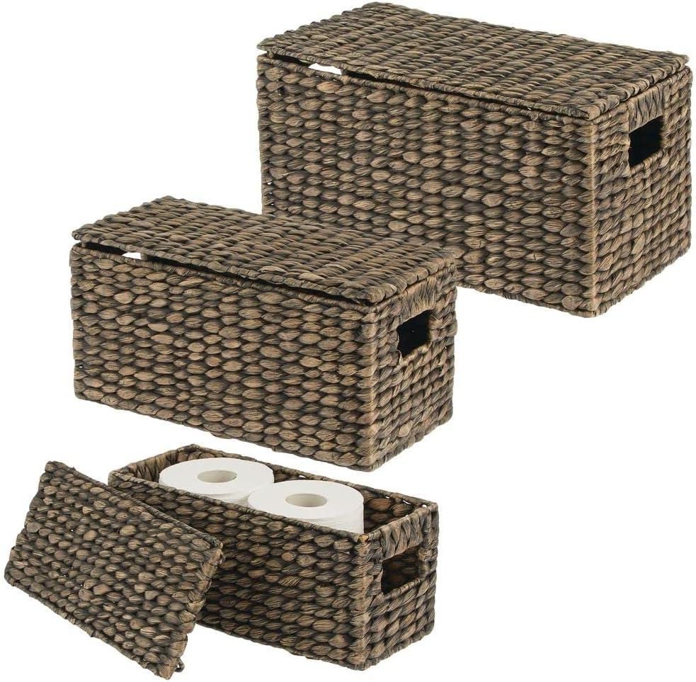 mDesign Woven Water Hyacinth Storage Basket, Lid/Handles, Set of 3