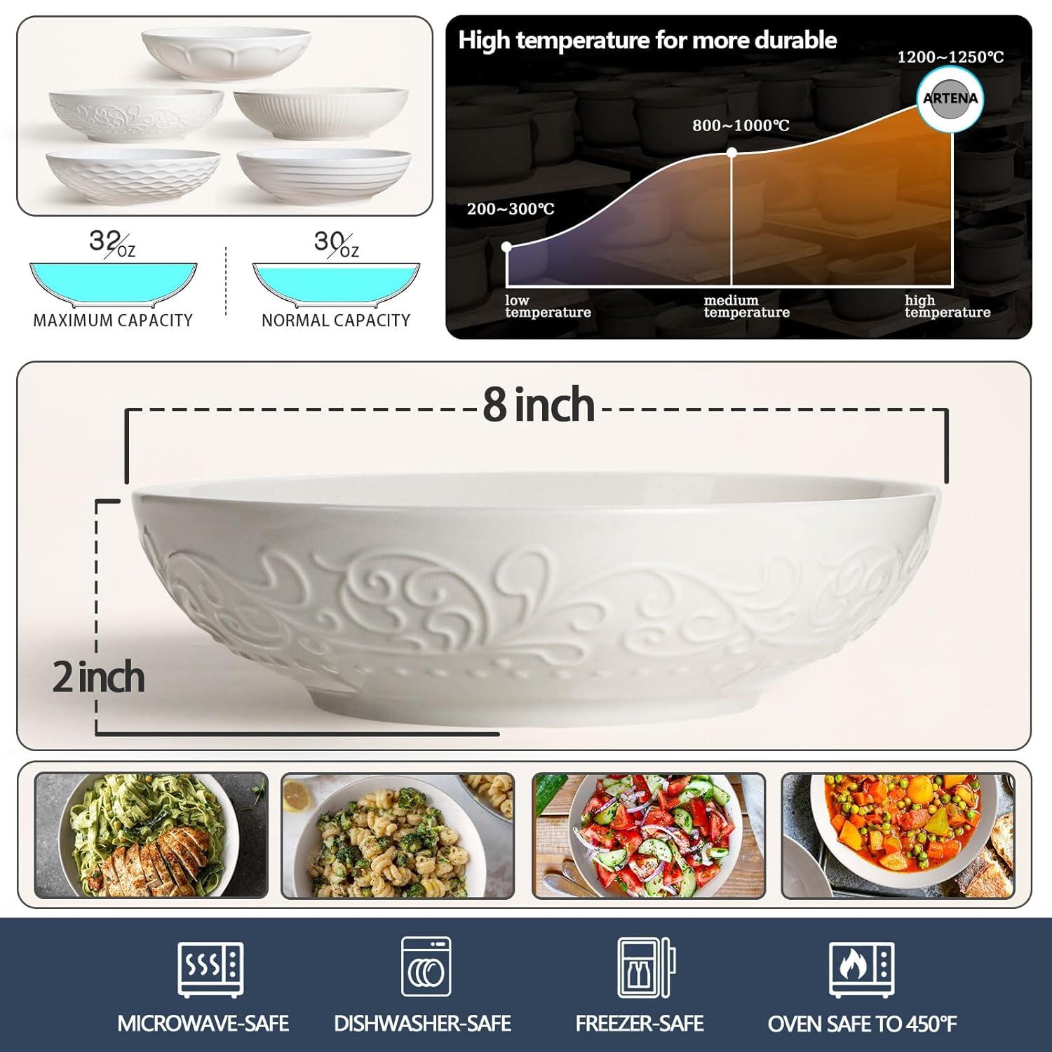 Artena Pasta Bowls 32oz, Ceramic Large Salad Bowls 8 inch, White Embossed Soup Bowl Set of 4 for Serving, Entertaining, Dinner Spaghetti, Wide Shallow, Microwave Dishwasher Oven Safe