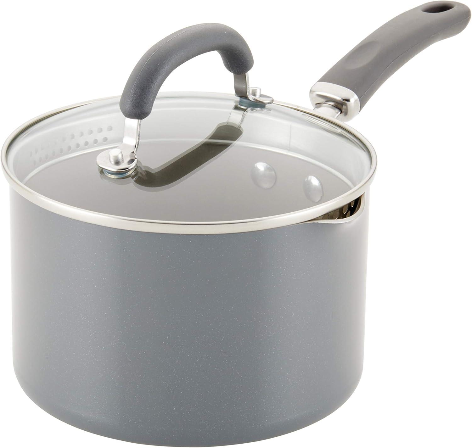 Gray Aluminum Non-stick Straining Saucepan with Lid, 3-Quart