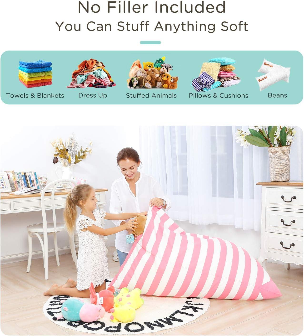 Aubliss Stuffed Animal Storage Bean Bag Chairs Cover, 50"x 35" Extra Large Bean Bags Chair for Kids & Adults, Beanbag Toy Storage for Boys Girls - Premium Cotton Canvas Pink Stripe