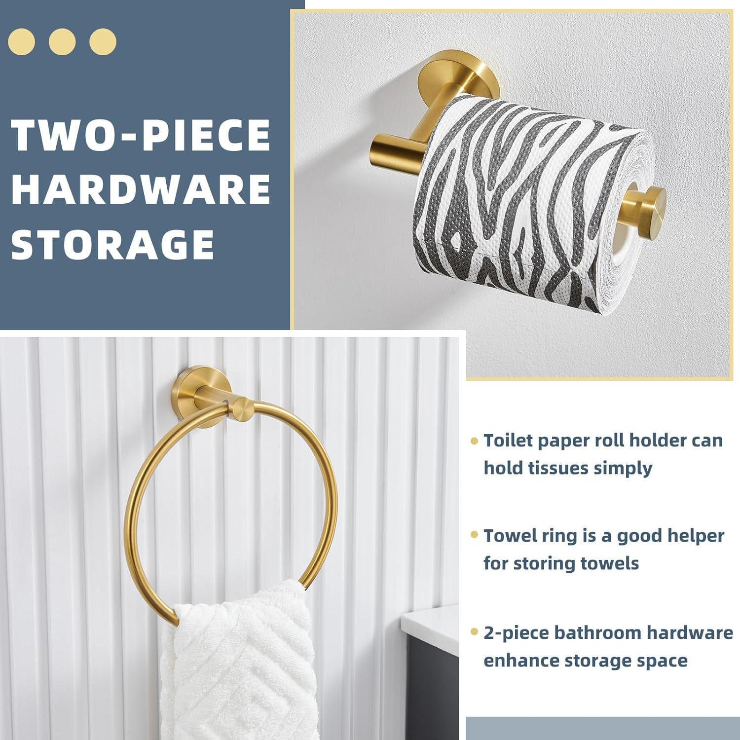 Chihod Toilet Paper Holder & Towel Ring Brushed Gold Hand Towel Holder 2-Pieces Bathroom Accessories Towel Rack Wall Mounted Bathroom Hardware Set Stainless Steel C38