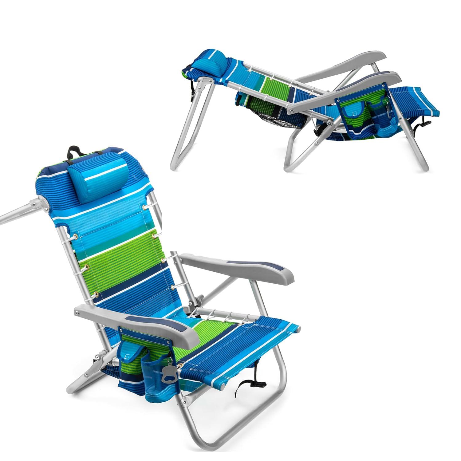 Homevative Cooler+ Folding Backpack Beach Chair with 5 Positions, Towel bar, XL Cooler Pouch, Storage Net, Cup and Phone