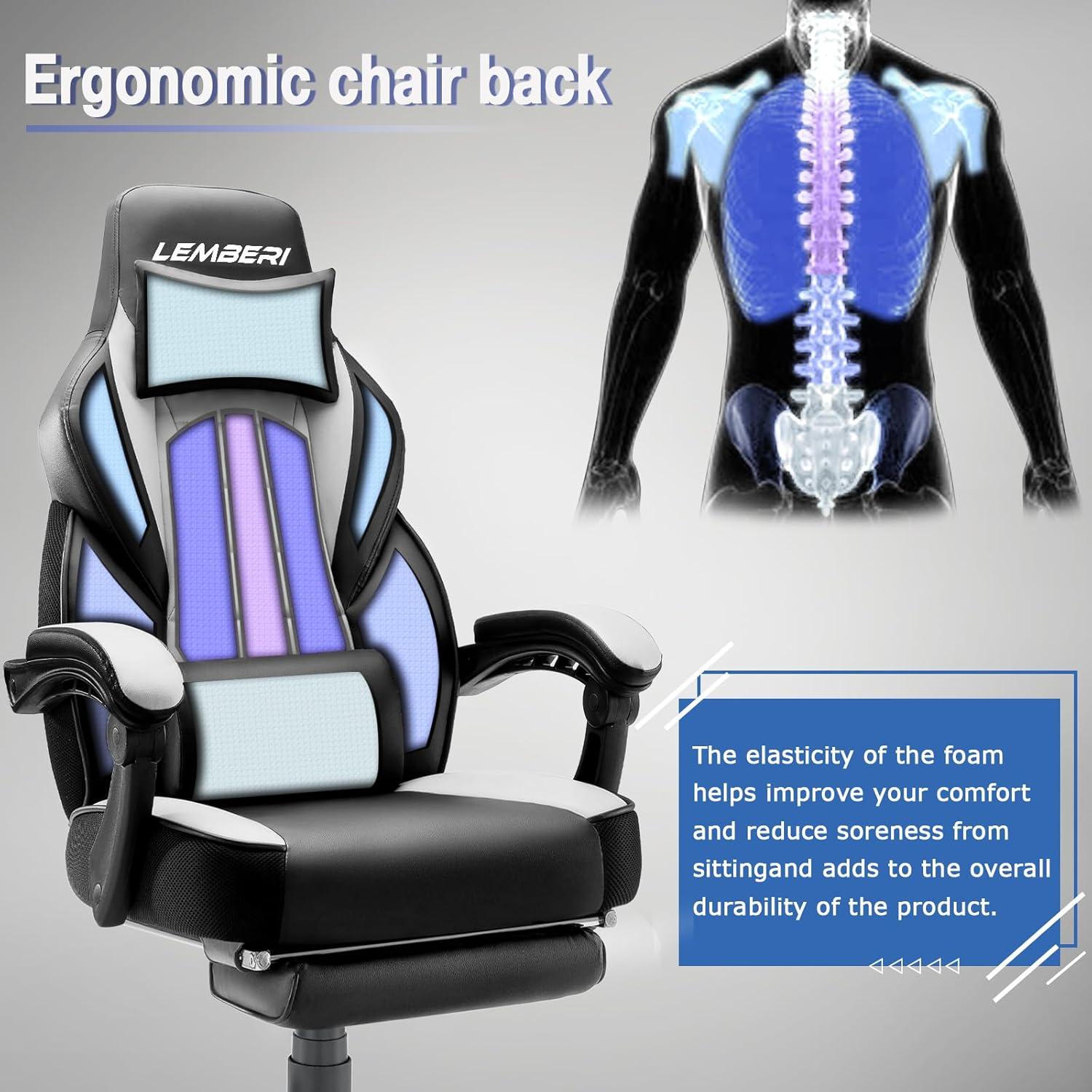 LEMBERI Gaming Chairs with Footrest,Ergonomic Video Game Chairs for Adults,Big and Tall Gaming Chair 400lb Weight Capacity, Racing Style Gaming Computer Gamer Chair with Headrest and Lumbar Support