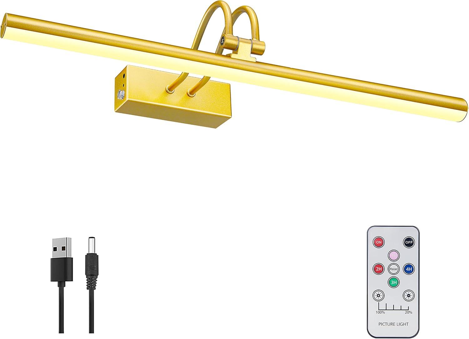 Picture Light,  Battery Operated Picture Lights For Paintings,Metal Remote Control Display Art Light With Timer And Dimmable For Wall Painting,Frame, Portrait, Dartboard-Brass