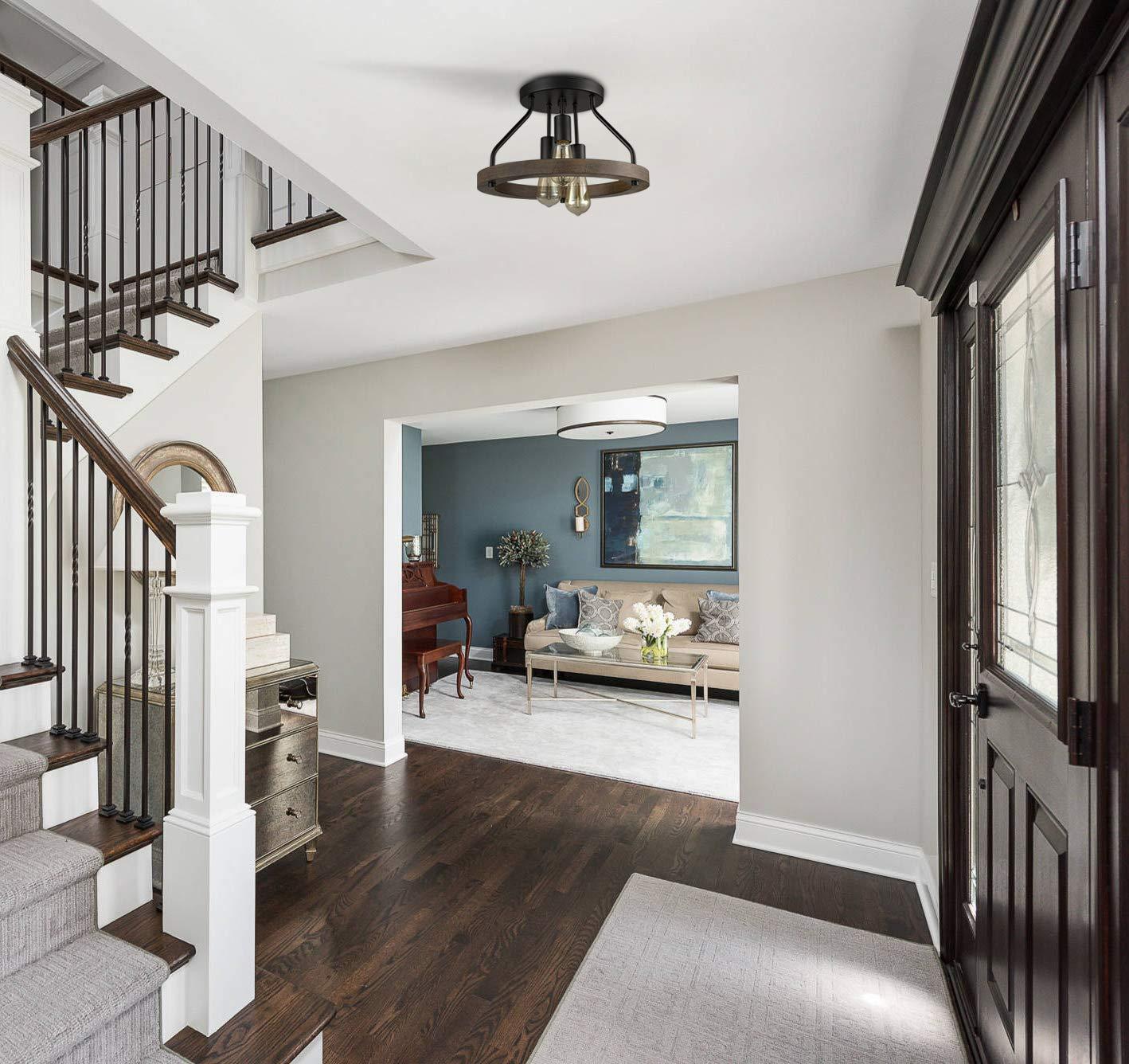 Farmhouse Flush Mount Ceiling Light Black Metal Lighting with Wood Grain Finish