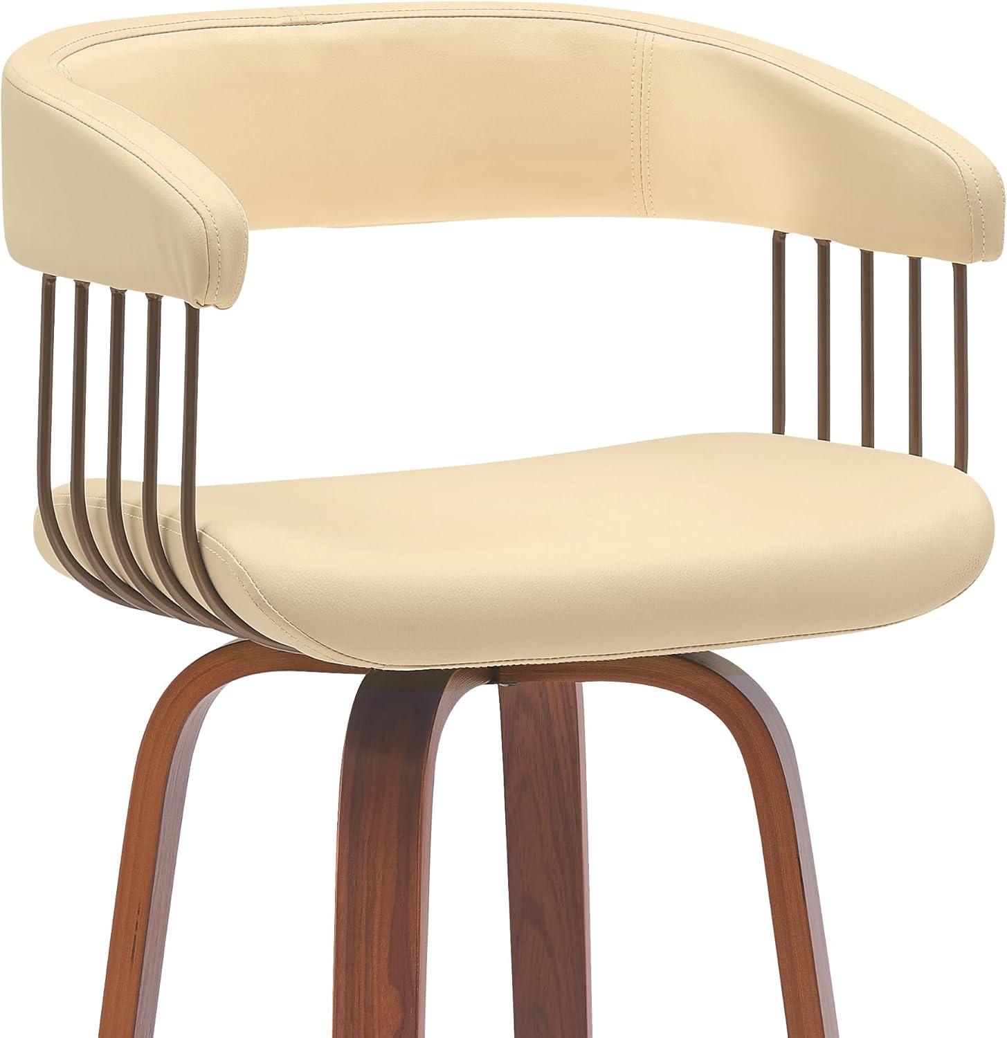 Topanga 26" Swivel Walnut Wood Counter Stool in Cream Faux Leather with Golden Bronze Metal