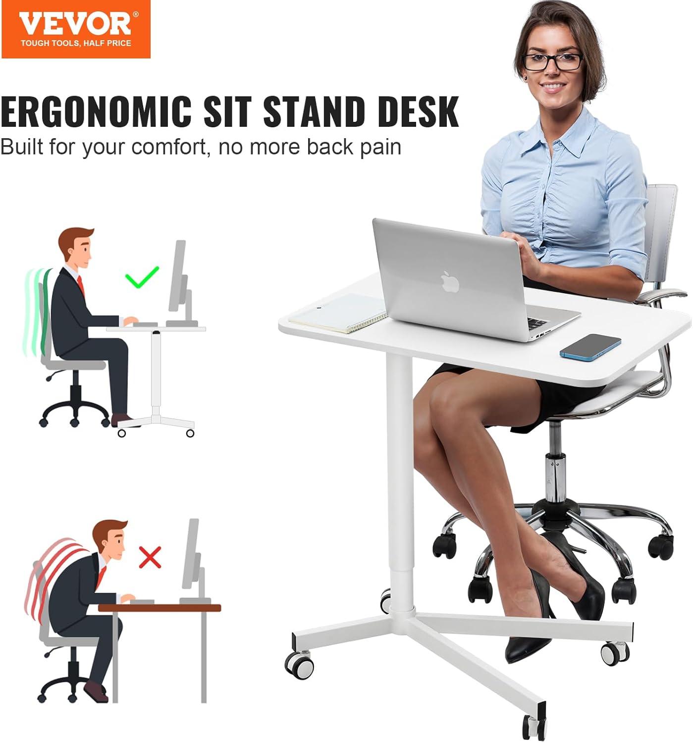 Mobile Standing Desk, 28.5"-44.2" Gas-Spring Height Adjustable Sit-Stand Desk, 360° Swivel Wheels (2 Lockable) Portable Rolling Laptop Table Computer Cart for Home Office School, 44LBS Loading